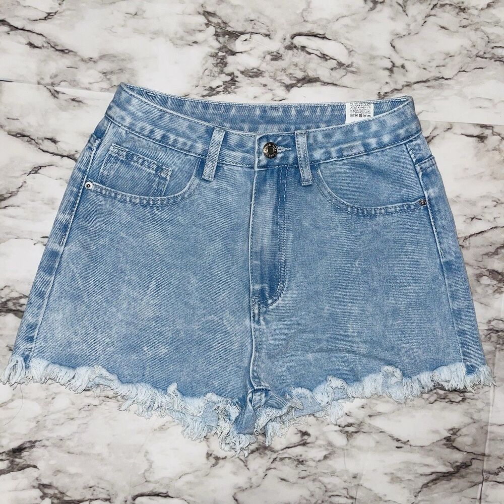 SHEIN High Rise Denim Shorts Women Size XS Light Blue Frayed Hem Cut Off